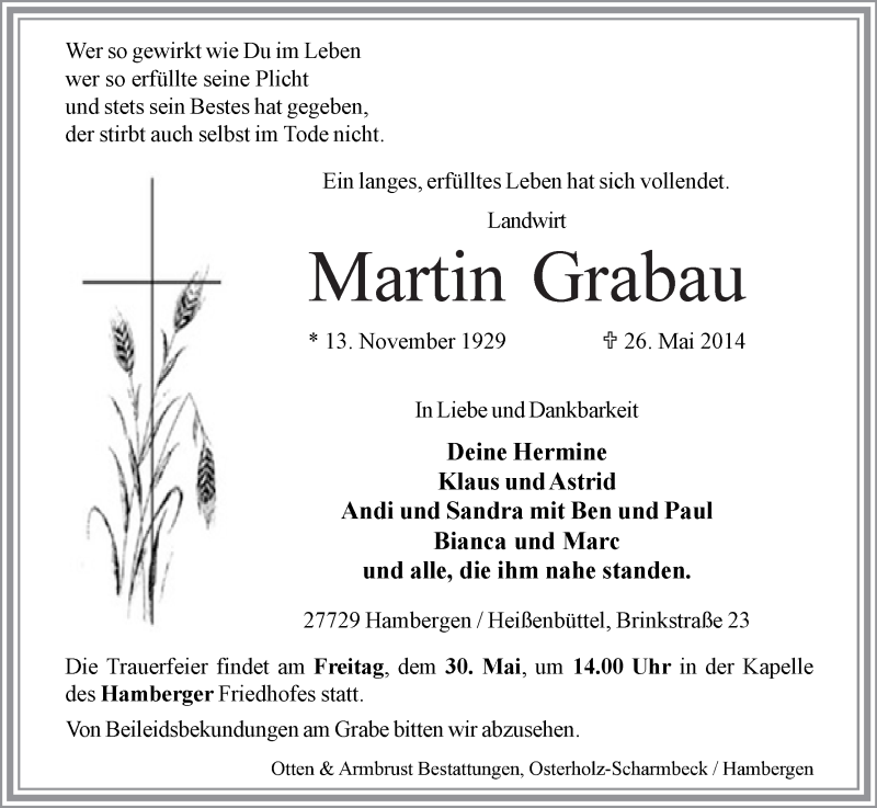 Traueranzeige von Martin Grabau von Osterholzer Kreisblatt