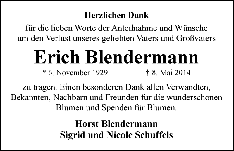 Traueranzeige von Erich Blendermann von WESER-KURIER