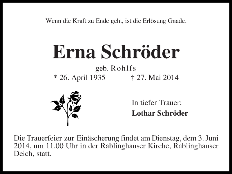 Traueranzeige von Erna Schröder von WESER-KURIER