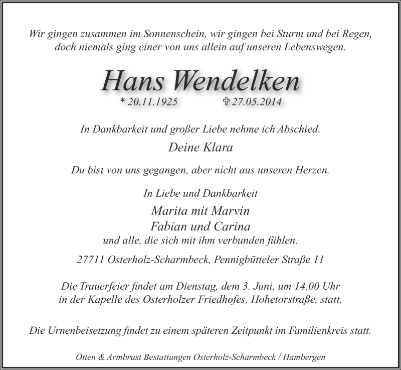 Traueranzeige von Hans Wendelken von Osterholzer Kreisblatt