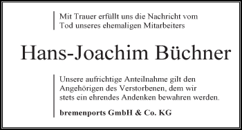 Traueranzeige von Hans-Joachim Büchner