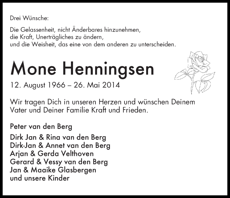  Traueranzeige für Mone Henningsen vom 31.05.2014 aus WESER-KURIER