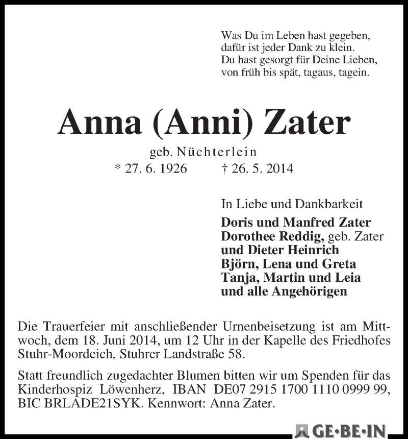  Traueranzeige für Anna (Anni) Zater vom 31.05.2014 aus WESER-KURIER