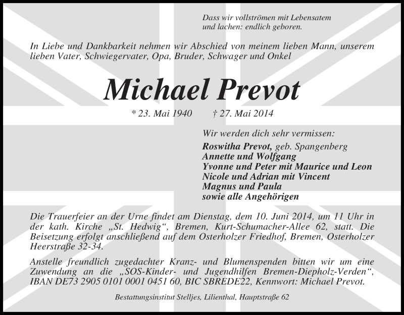 Traueranzeige für Michael Prevot vom 31.05.2014 aus WESER-KURIER