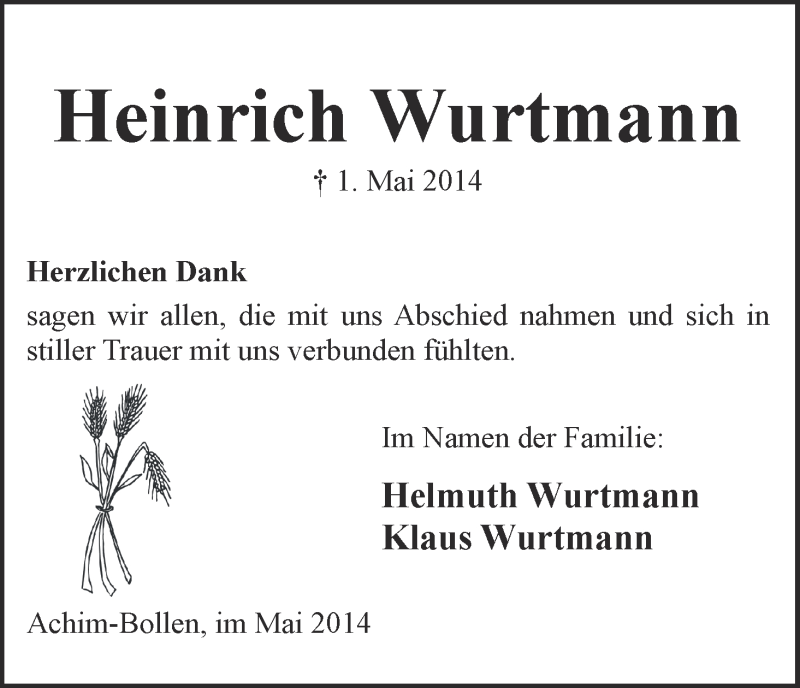 Traueranzeige von Heinrich Wurtmann von WESER-KURIER