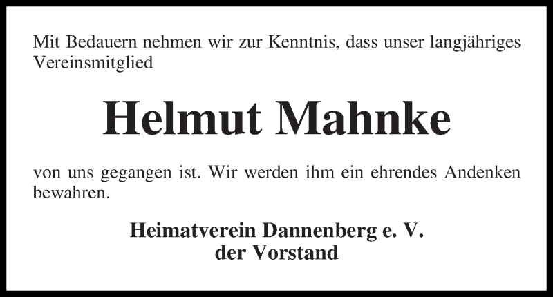 Traueranzeige von Helmut Mahnke von Wuemme Zeitung