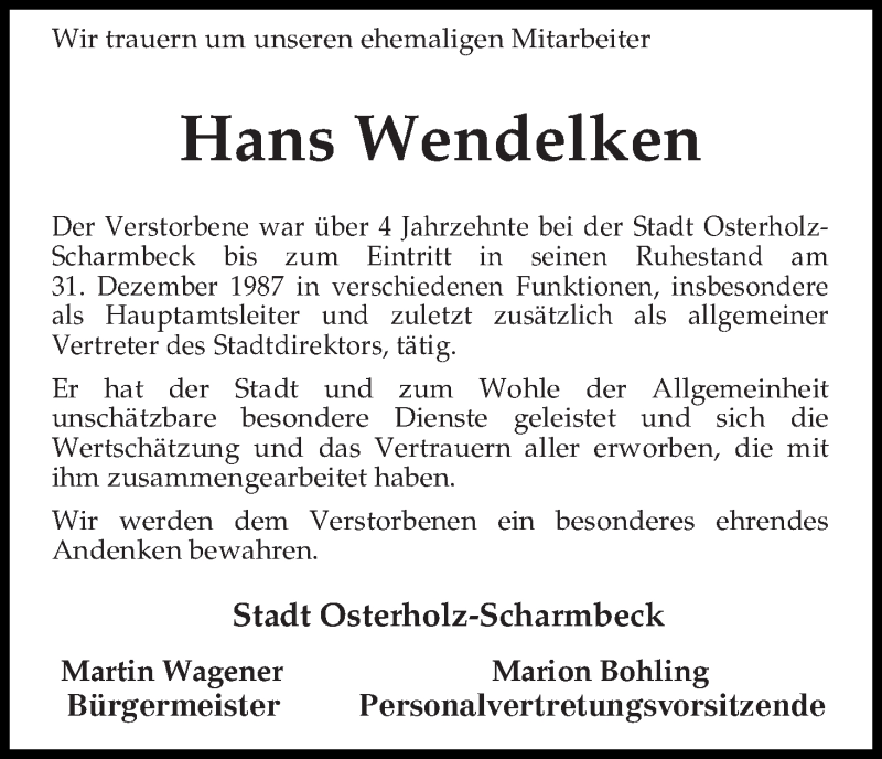 Traueranzeige von Hans Wendelken von Osterholzer Kreisblatt