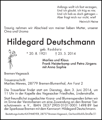 Traueranzeige von Hildegard Deutschmann