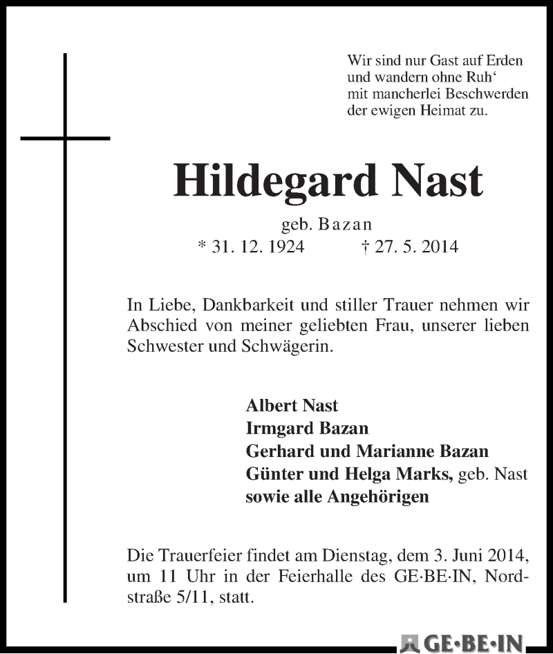 Traueranzeige von Hildegard Nast von WESER-KURIER