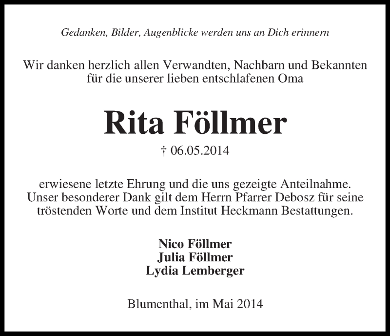 Traueranzeige von Rita Föllmer von Die Norddeutsche