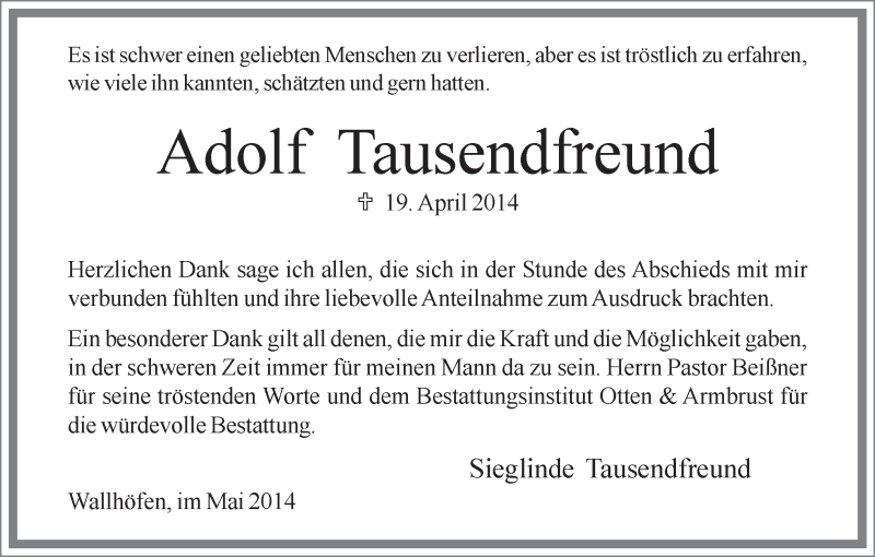 Traueranzeige von Adolf Tausendfreund von Osterholzer Kreisblatt