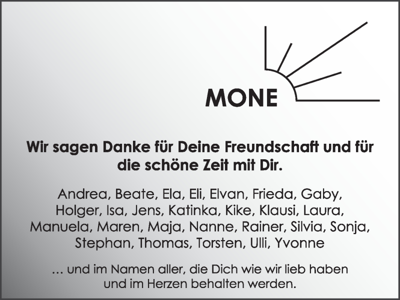  Traueranzeige für Simone (Mone) Henningsen vom 31.05.2014 aus WESER-KURIER