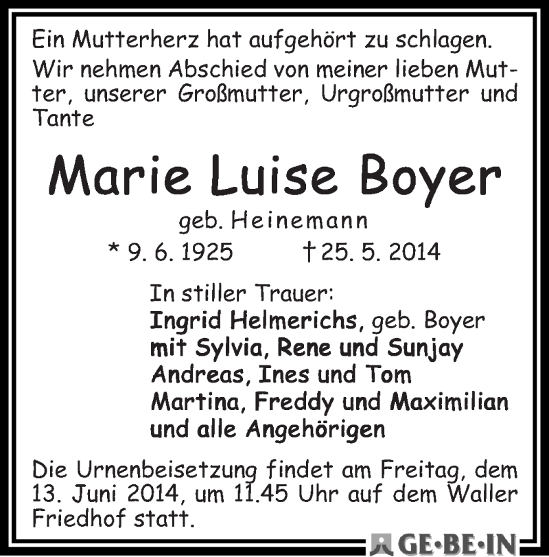 Traueranzeige von Marie Luise Boyer von WESER-KURIER