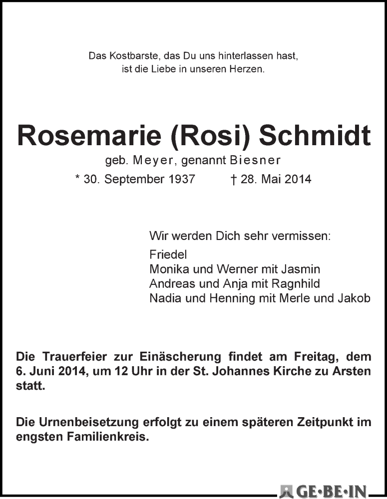 Traueranzeige von Rosemarie Rosi Schmidt von WESER-KURIER