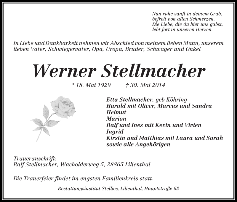  Traueranzeige für Werner Stellmacher vom 02.06.2014 aus Wuemme Zeitung