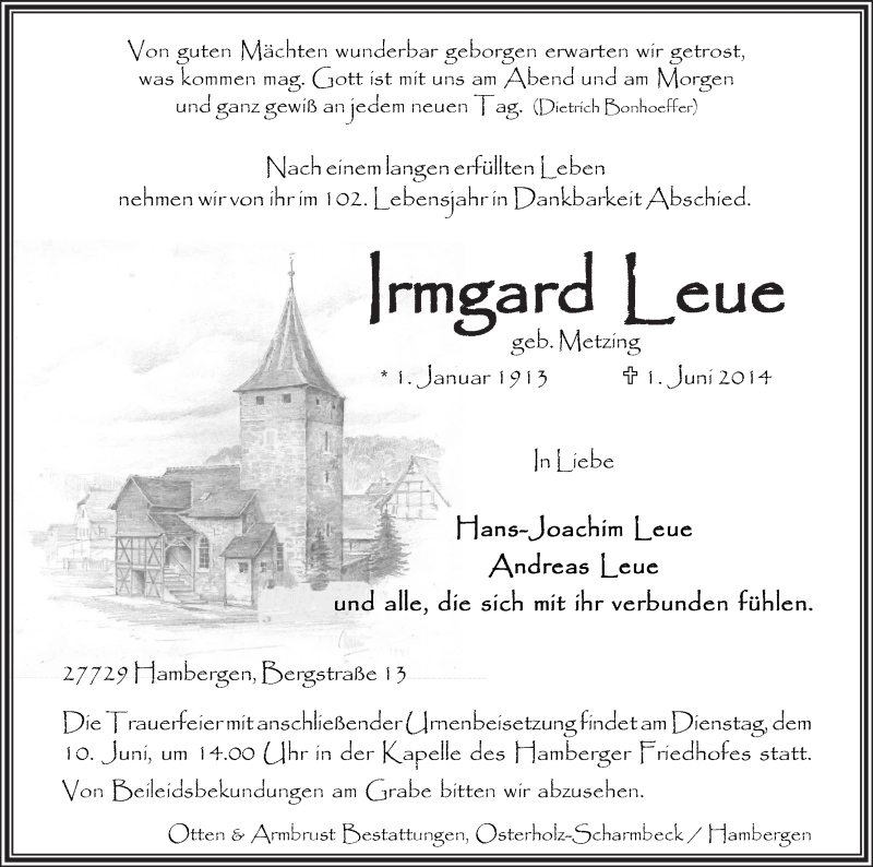 Traueranzeige von Irmgard Leue von Osterholzer Kreisblatt