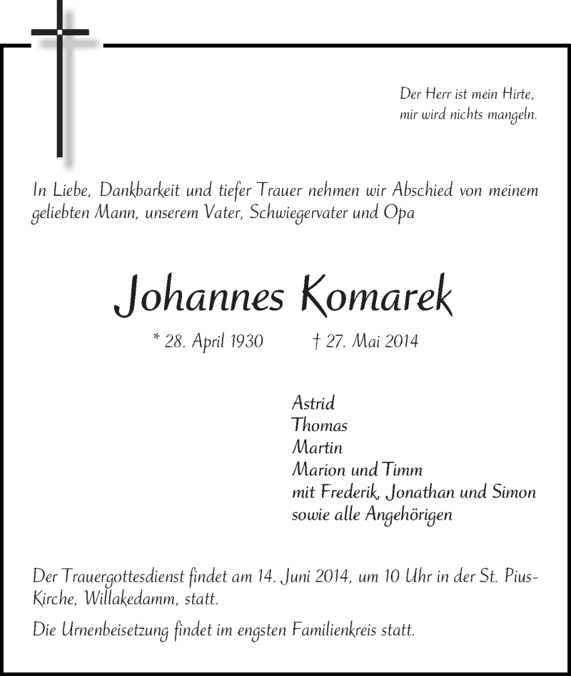 Traueranzeige von Johannes Komarek von WESER-KURIER