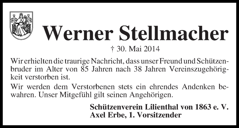  Traueranzeige für Werner Stellmacher vom 03.06.2014 aus Wuemme Zeitung