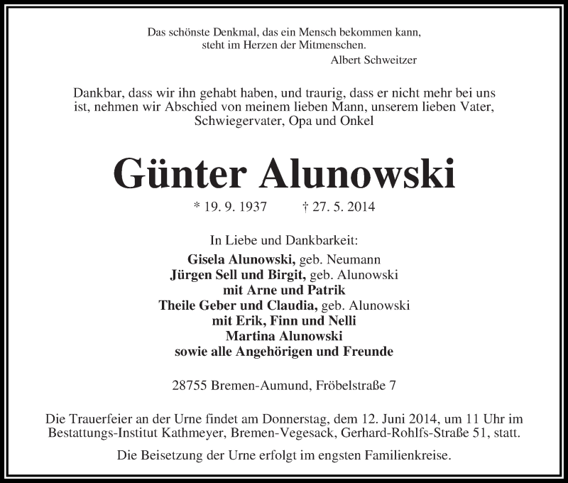Traueranzeige von Günter Alunowski von Die Norddeutsche