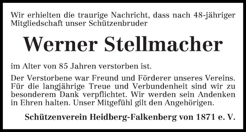  Traueranzeige für Werner Stellmacher vom 03.06.2014 aus Wuemme Zeitung