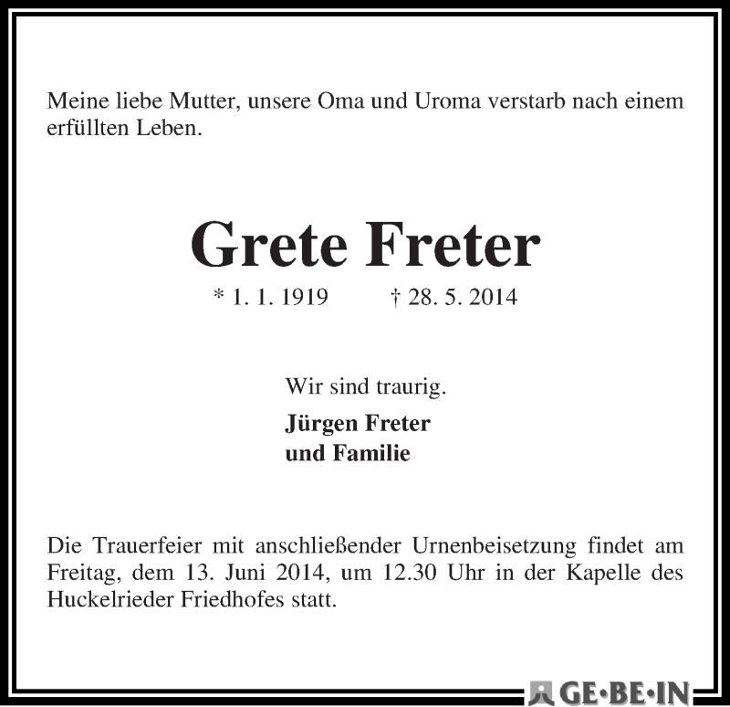 Traueranzeige von Grete Freter von WESER-KURIER