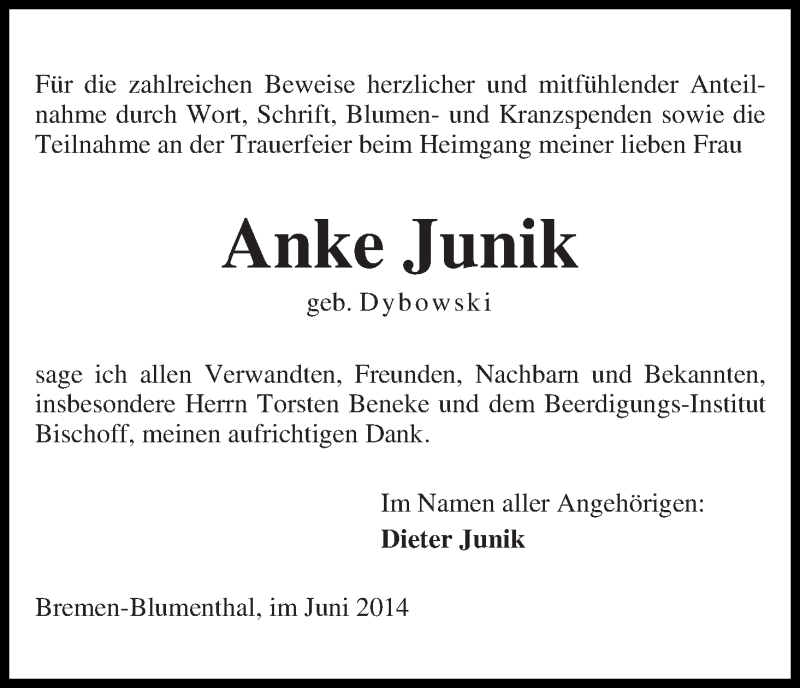 Traueranzeige von Anke Junik von Die Norddeutsche