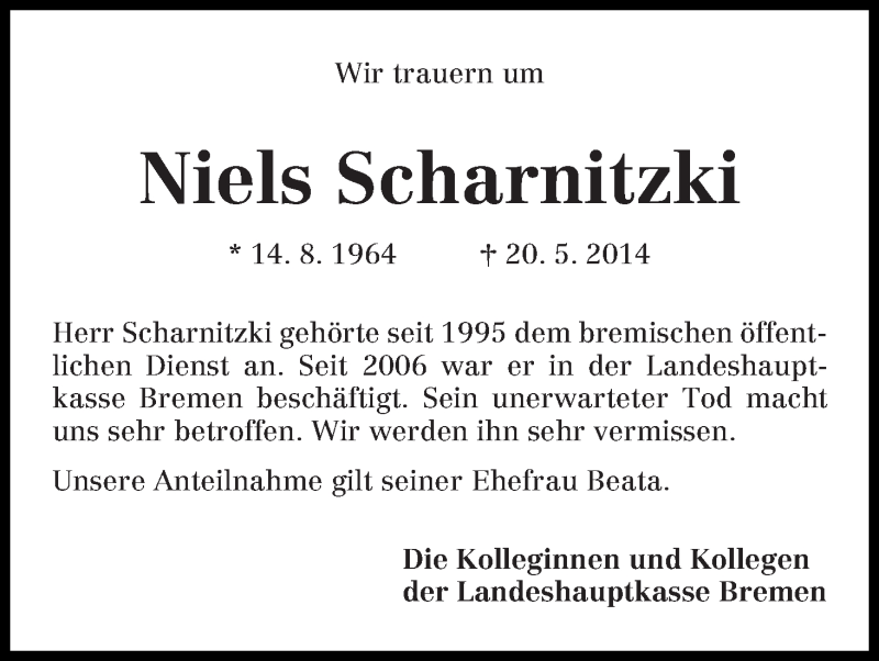Traueranzeige von Niels Scharnitzki von WESER-KURIER