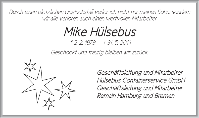  Traueranzeige für Mike Hülsebus vom 04.06.2014 aus WESER-KURIER