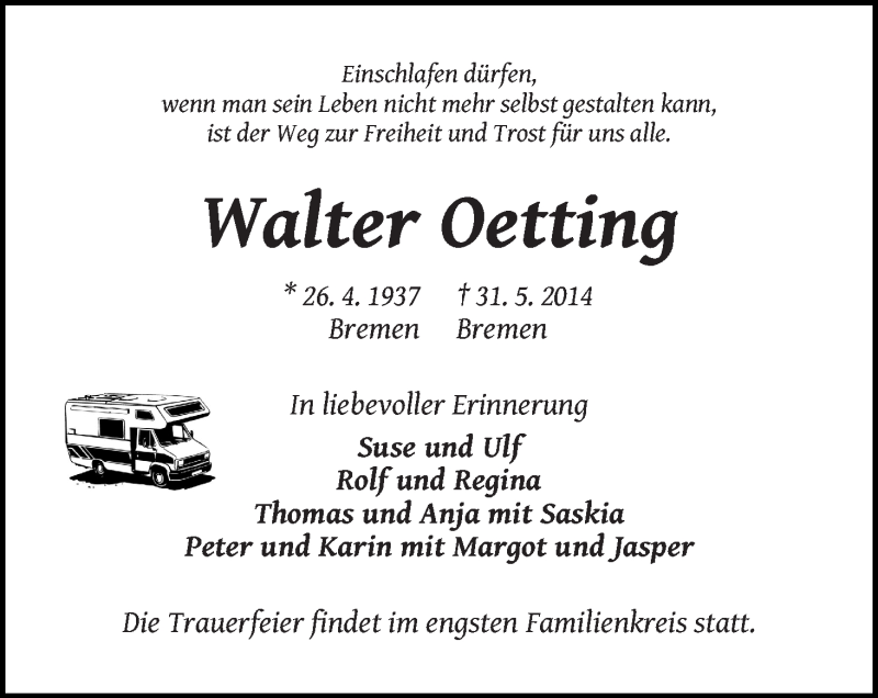 Traueranzeige von Walter Oetting von Die Norddeutsche