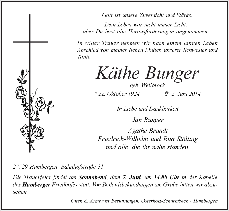 Traueranzeige von Käthe Bunger von Osterholzer Kreisblatt
