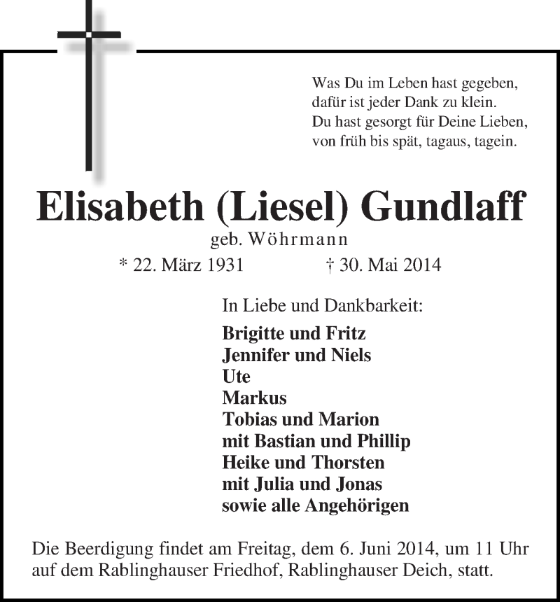 Traueranzeige von Elisabeth (Liesel) Gundlaff von WESER-KURIER