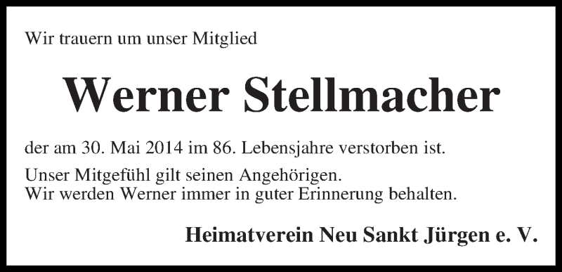  Traueranzeige für Werner Stellmacher vom 04.06.2014 aus Wuemme Zeitung