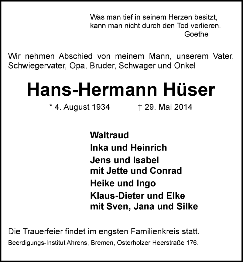Traueranzeige von Hans-Hermann Hüser von WESER-KURIER