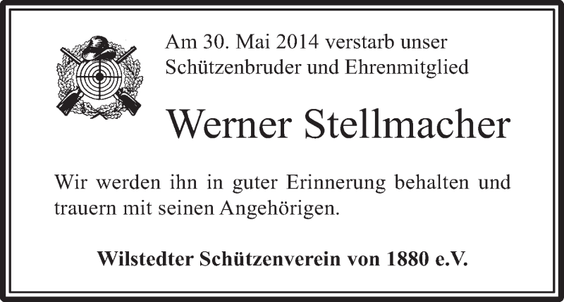  Traueranzeige für Werner Stellmacher vom 04.06.2014 aus Wuemme Zeitung