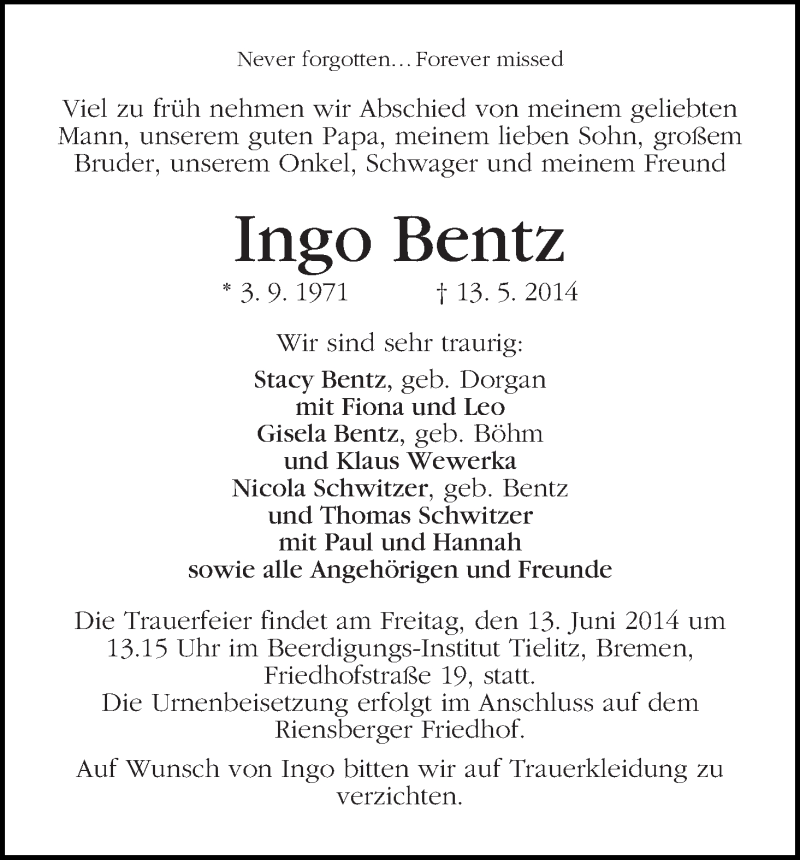 Traueranzeige von Ingo Bentz von WESER-KURIER