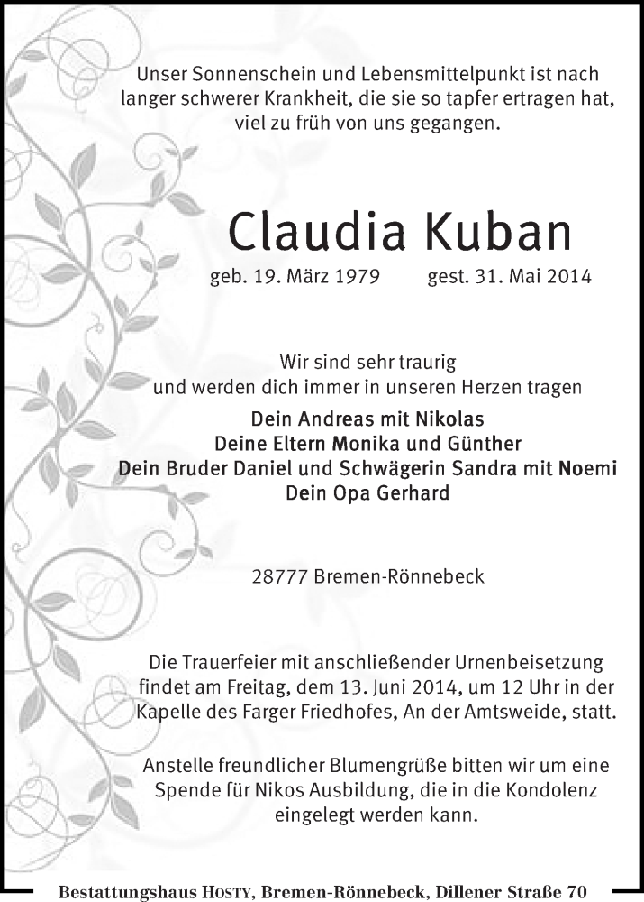  Traueranzeige für Claudia Kuban vom 07.06.2014 aus Die Norddeutsche