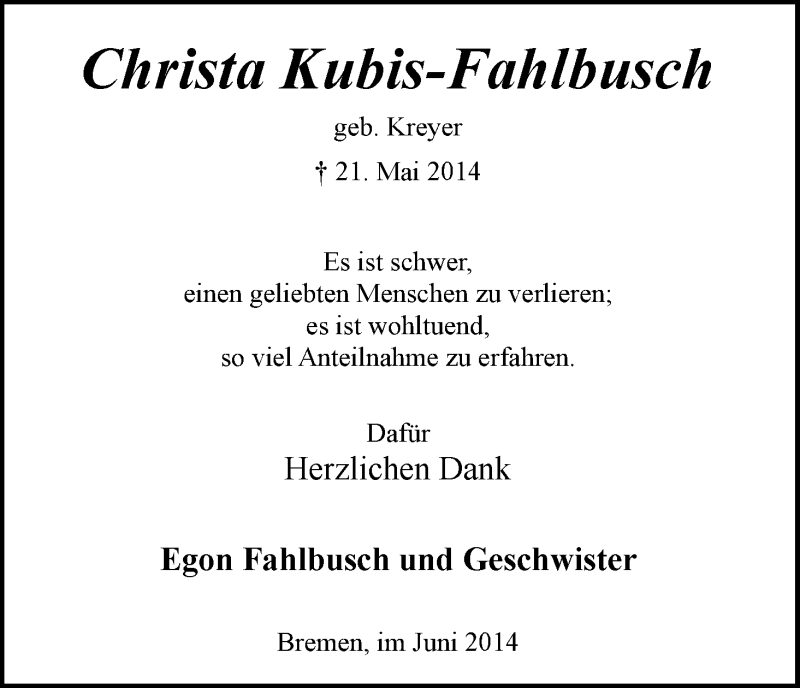 Traueranzeige von Christa Kubis-Fahlbusch von WESER-KURIER