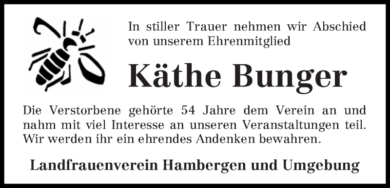 Traueranzeige von Käthe Bunger von Osterholzer Kreisblatt