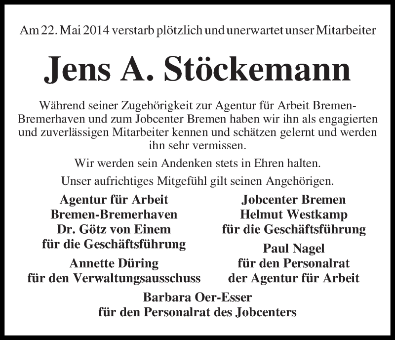 Traueranzeige von Jens A. Stöckemann von WESER-KURIER