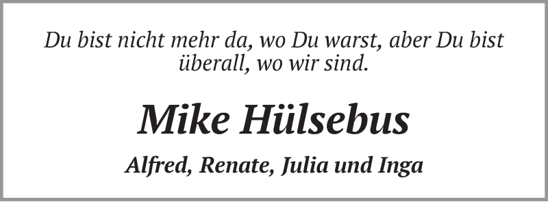  Traueranzeige für Mike Hülsebus vom 05.06.2014 aus Die Norddeutsche