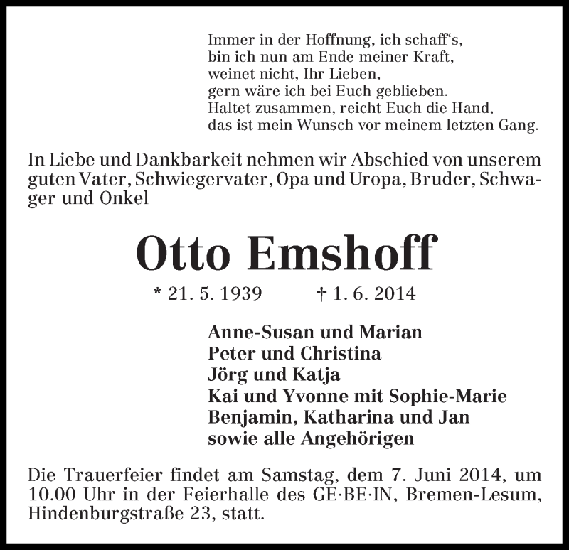 Traueranzeige von Otto Emshoff von WESER-KURIER
