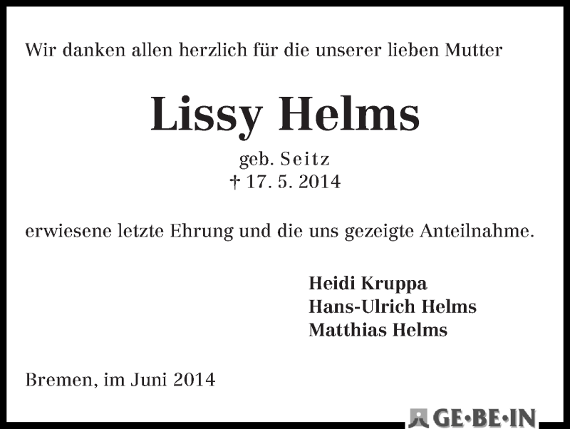 Traueranzeige von Lissy Helms von WESER-KURIER