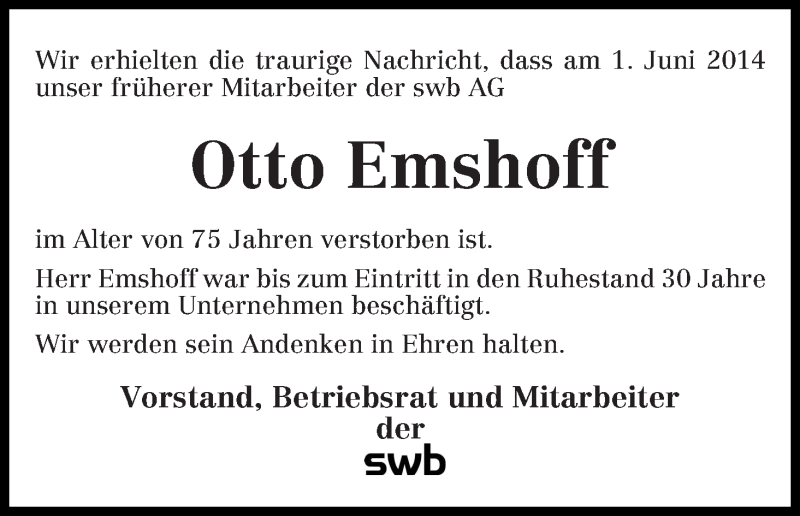 Traueranzeige von Otto Emshoff von WESER-KURIER