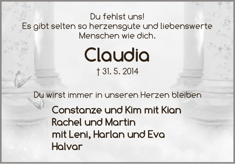  Traueranzeige für Claudia Kuban vom 07.06.2014 aus Die Norddeutsche