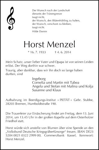 Traueranzeige von Horst Menzel