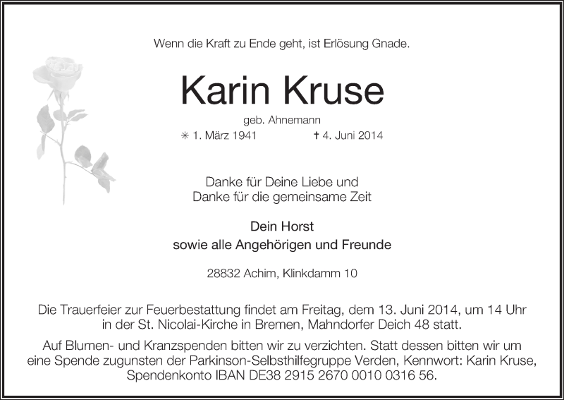 Traueranzeige von Karin Kruse von WESER-KURIER