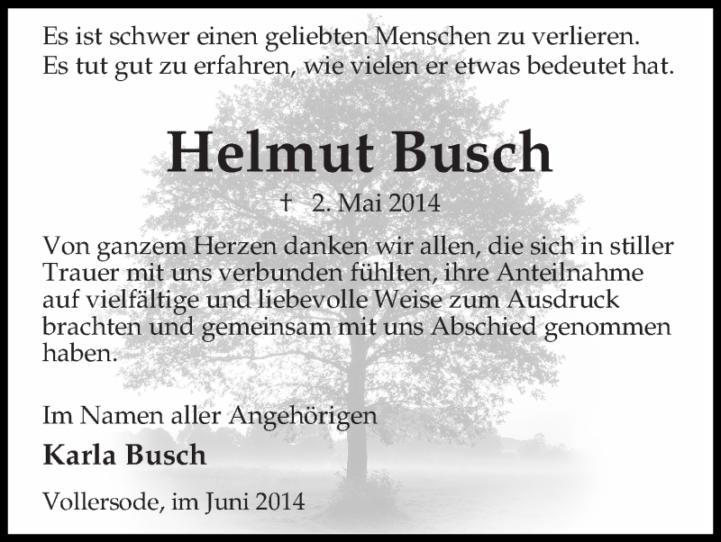 Traueranzeige von Helmut Busch von Osterholzer Kreisblatt