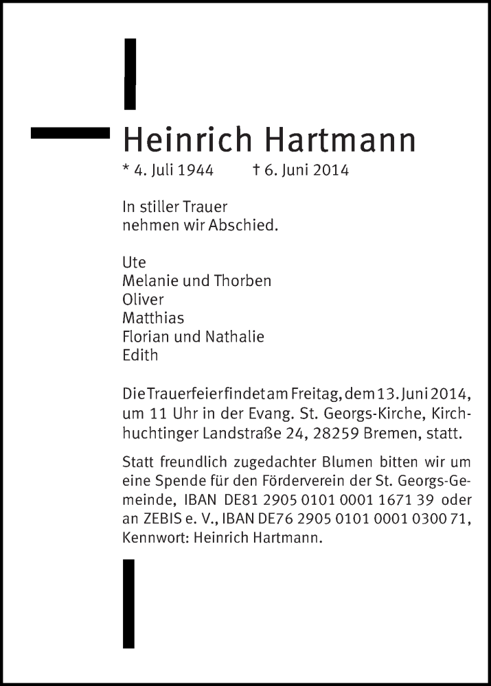  Traueranzeige für Heinrich Hartmann vom 10.06.2014 aus WESER-KURIER