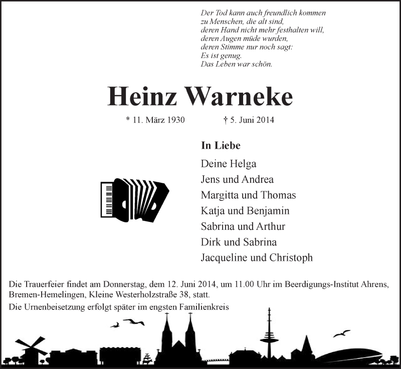 Traueranzeige von Heinz Warneke von WESER-KURIER