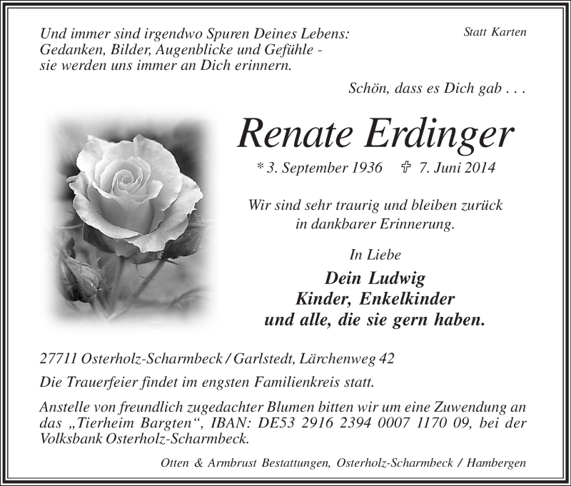 Traueranzeige von Renate Erdinger von Osterholzer Kreisblatt